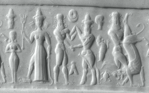 Shamhat, Inanna, Enkidu, Gilgamesh.